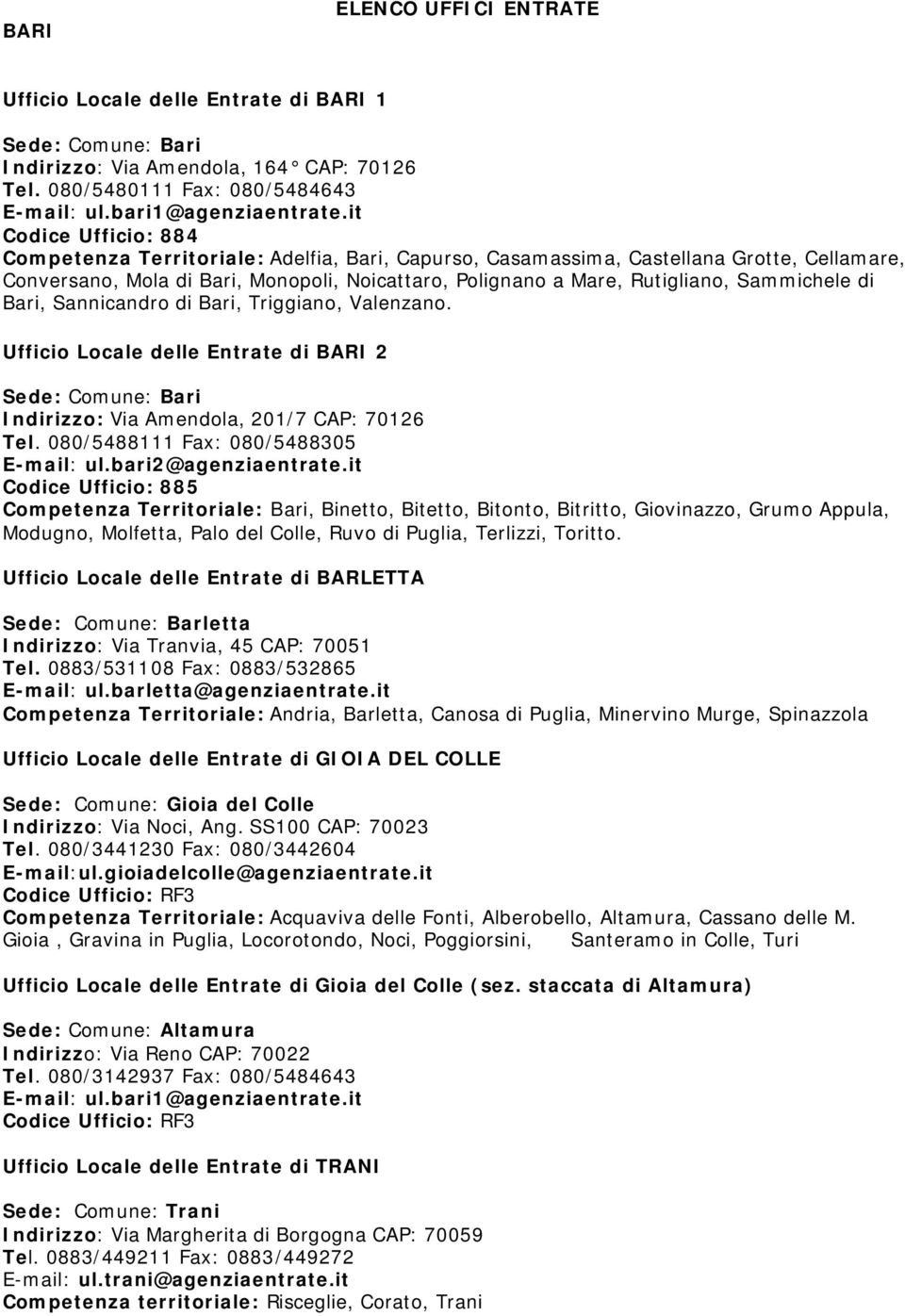 Sammichele di Bari, Sannicandro di Bari, Triggiano, Valenzano. Ufficio Locale delle Entrate di BARI 2 Sede: Comune: Bari Indirizzo: Via Amendola, 201/7 CAP: 70126 Tel.