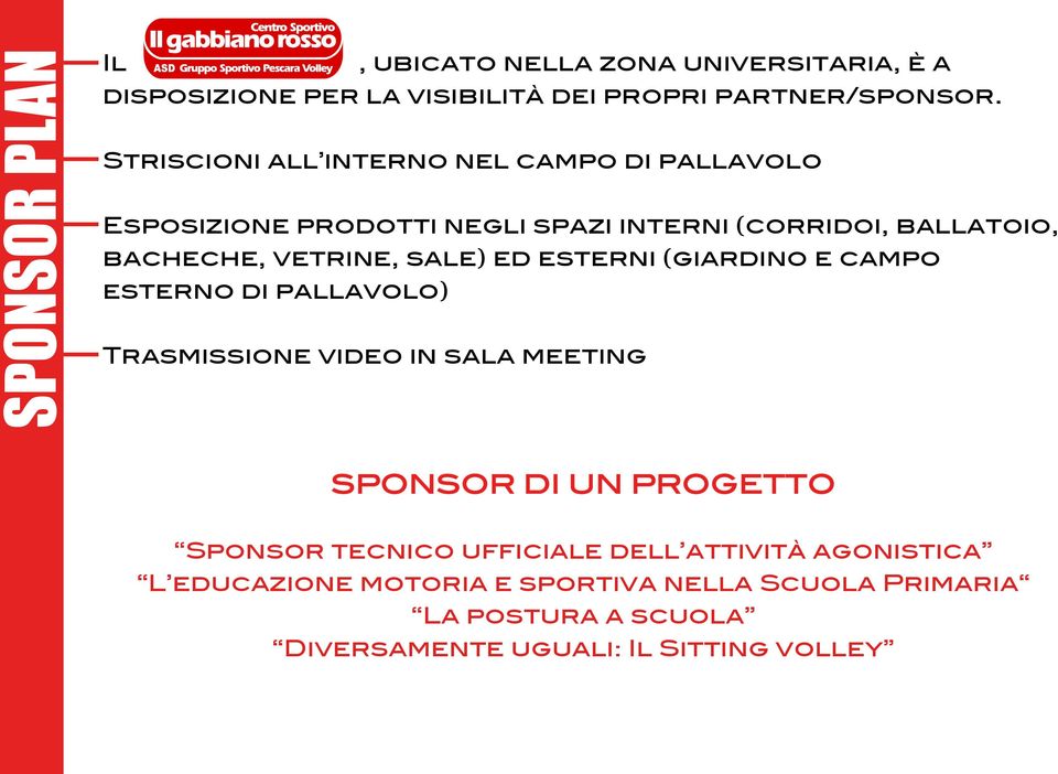 sale) ed esterni (giardino e campo esterno di pallavolo) Trasmissione video in sala meeting SPONSOR DI UN PROGETTO Sponsor