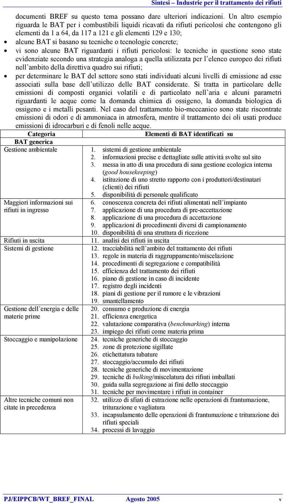 tecniche o tecnologie concrete; vi sono alcune BAT riguardanti i rifiuti pericolosi: le tecniche in questione sono state evidenziate secondo una strategia analoga a quella utilizzata per l elenco