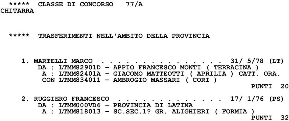 .............. 31/ 5/78 (LT) DA : LTMM82901D - APPIO FRANCESCO MONTI ( TERRACINA ) A : LTMM82401A -