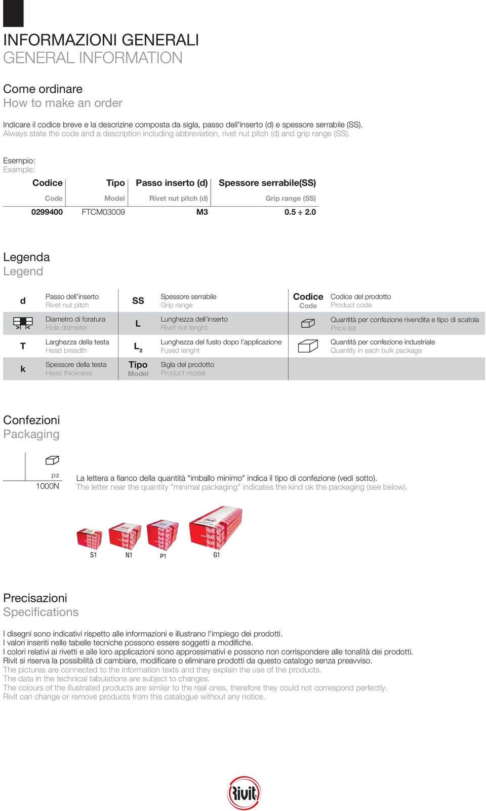 Esempio: Example: Coice Passo inserto () Spessore serrabile(ss) Coe Moel Rivet nut pitch () Grip range (SS) 0299400 FTCM03009 M3 0.5 2.