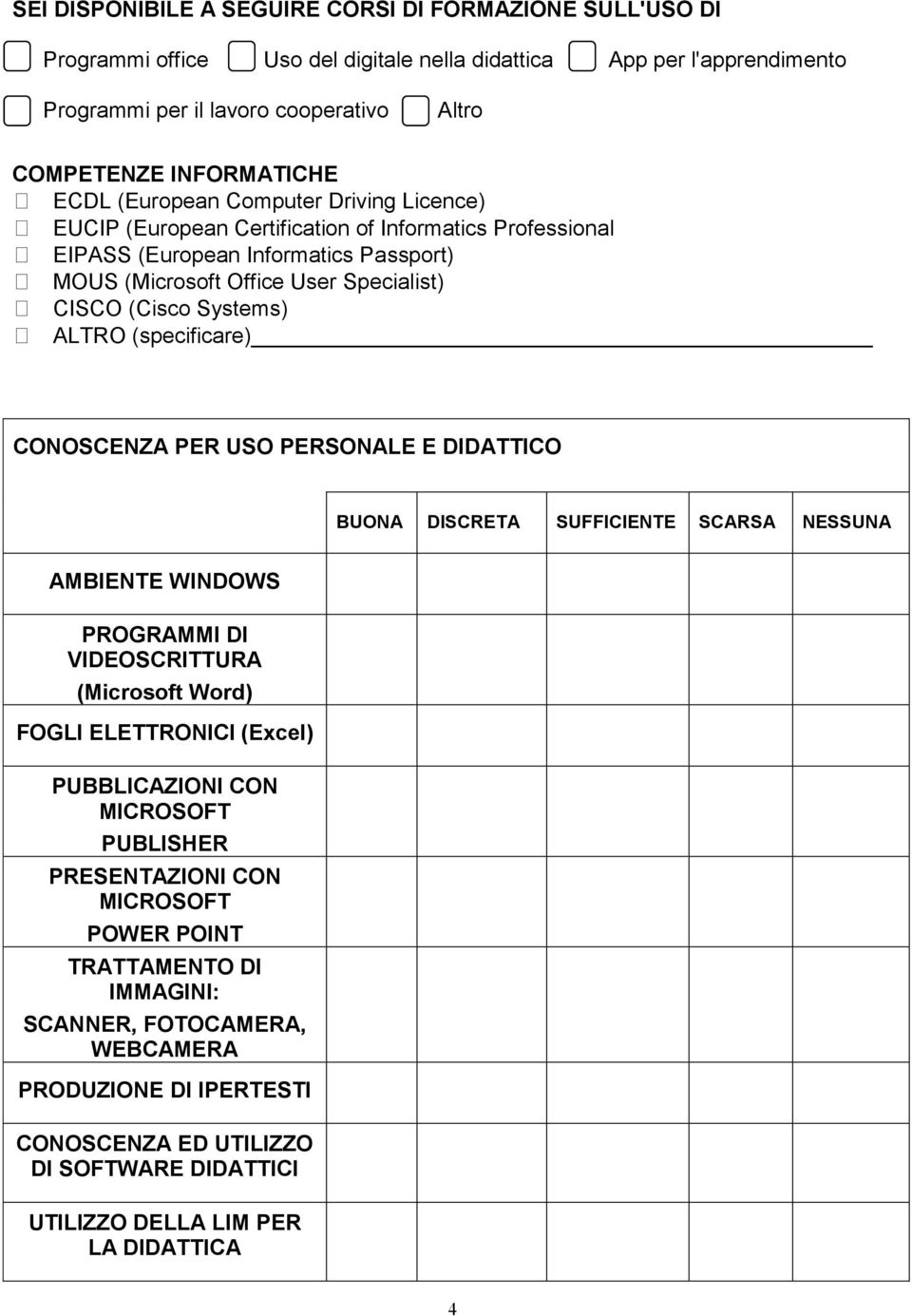 ALTRO (specificare) CONOSCENZA PER USO PERSONALE E DIDATTICO BUONA DISCRETA SUFFICIENTE SCARSA NESSUNA AMBIENTE WINDOWS PROGRAMMI DI VIDEOSCRITTURA (Microsoft Word) FOGLI ELETTRONICI (Excel)