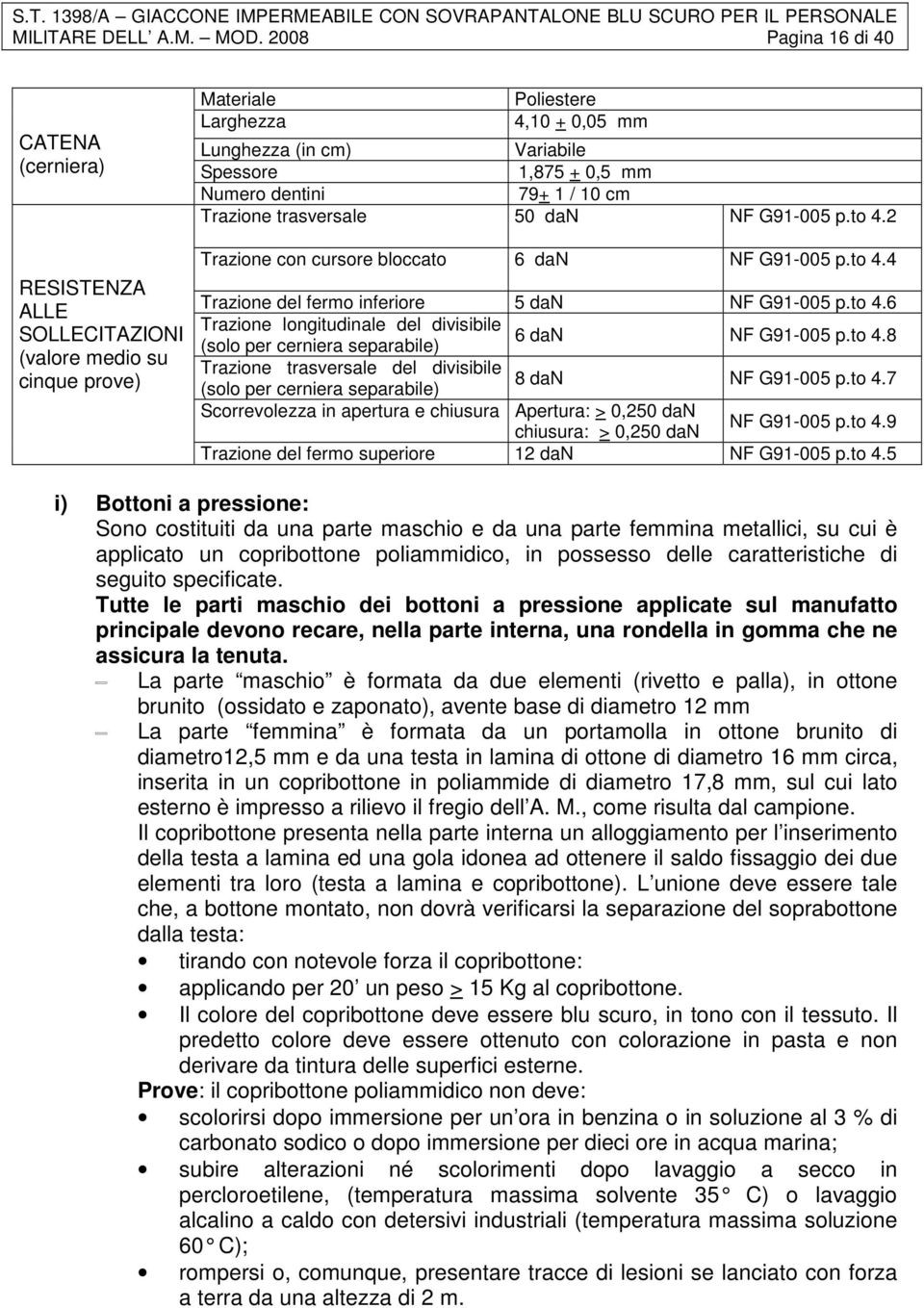 Numero dentini 79+ 1 / 10 cm Trazione trasversale 50 dan NF G91-005 p.to 4.2 Trazione con cursore bloccato 6 dan NF G91-005 p.to 4.4 Trazione del fermo inferiore 5 dan NF G91-005 p.to 4.6 Trazione longitudinale del divisibile 6 dan (solo per cerniera separabile) NF G91-005 p.