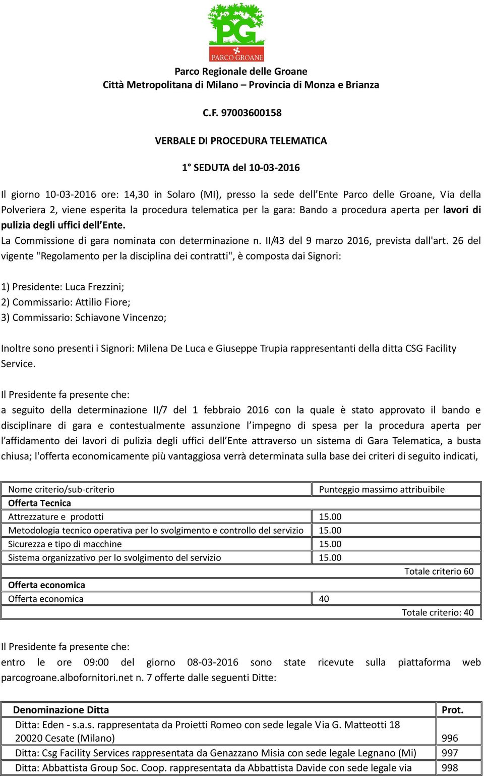 la procedura telematica per la gara: Bando a procedura aperta per lavori di pulizia degli uffici dell Ente. La Commissione di gara nominata con determinazione n.