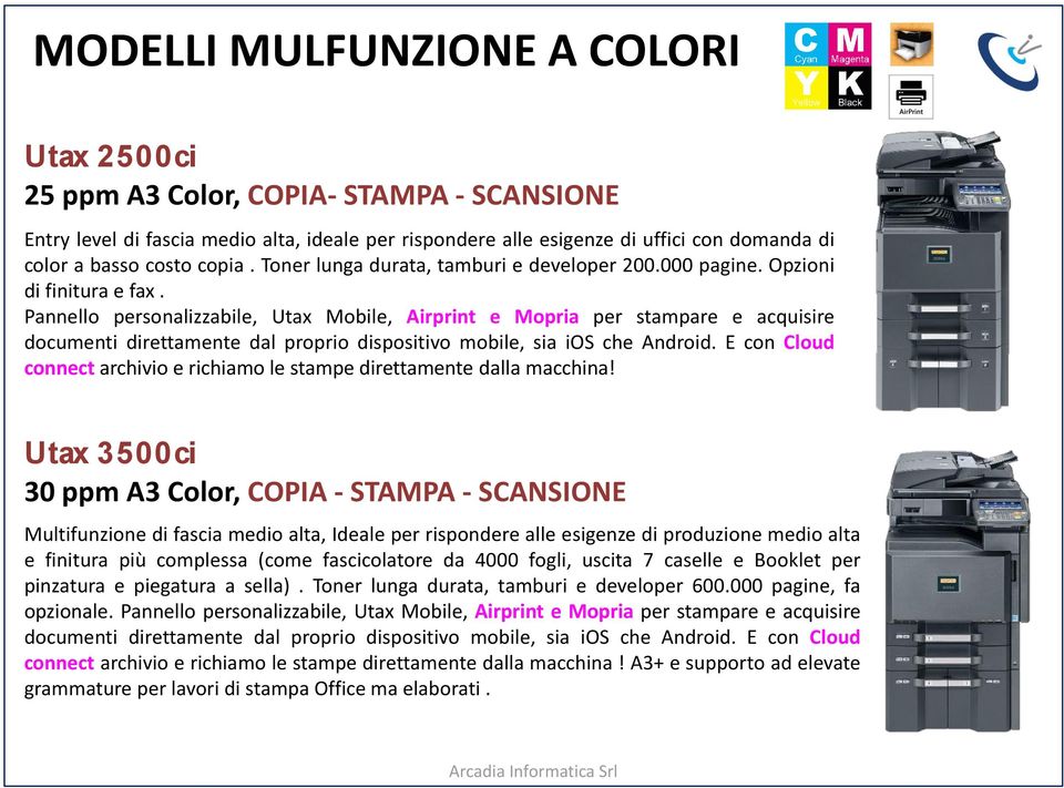 Pannello personalizzabile, Utax Mobile, Airprint e Mopria per stampare e acquisire documenti direttamente dal proprio dispositivo mobile, sia ios che Android.