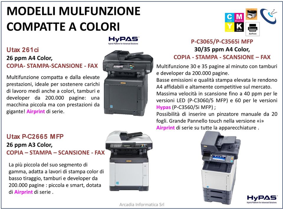 Utax P-C2665 MFP 26 ppm A3 Color, COPIA STAMPA SCANSIONE - FAX P-C3065/P-C3565i MFP 30/35 ppm A4 Color, COPIA - STAMPA - SCANSIONE FAX Multifunzione 30 e 35 pagine al minuto con tamburi e developer