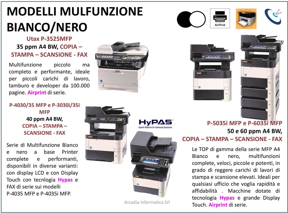 P-4030/35 MFP e P-3030i/35i MFP 40 ppm A4 BW, COPIA STAMPA SCANSIONE - FAX Serie di Multifunzione Bianco e nero a base Printer complete e performanti, disponibili in diverse varianti: con display LCD