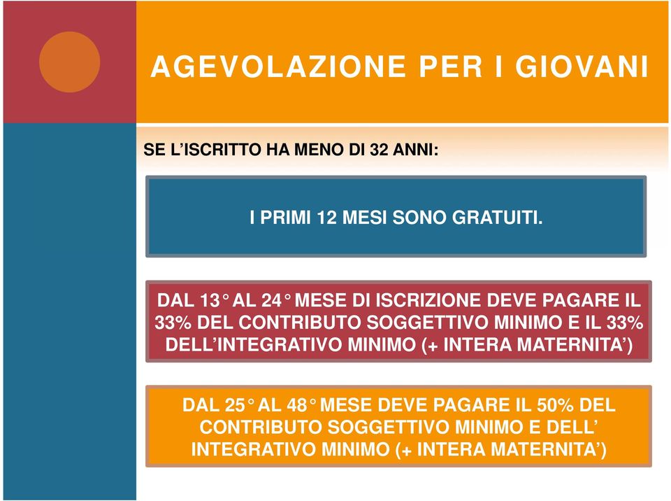 DAL 13 AL 24 MESE DI ISCRIZIONE DEVE PAGARE IL 33% DEL CONTRIBUTO SOGGETTIVO MINIMO E