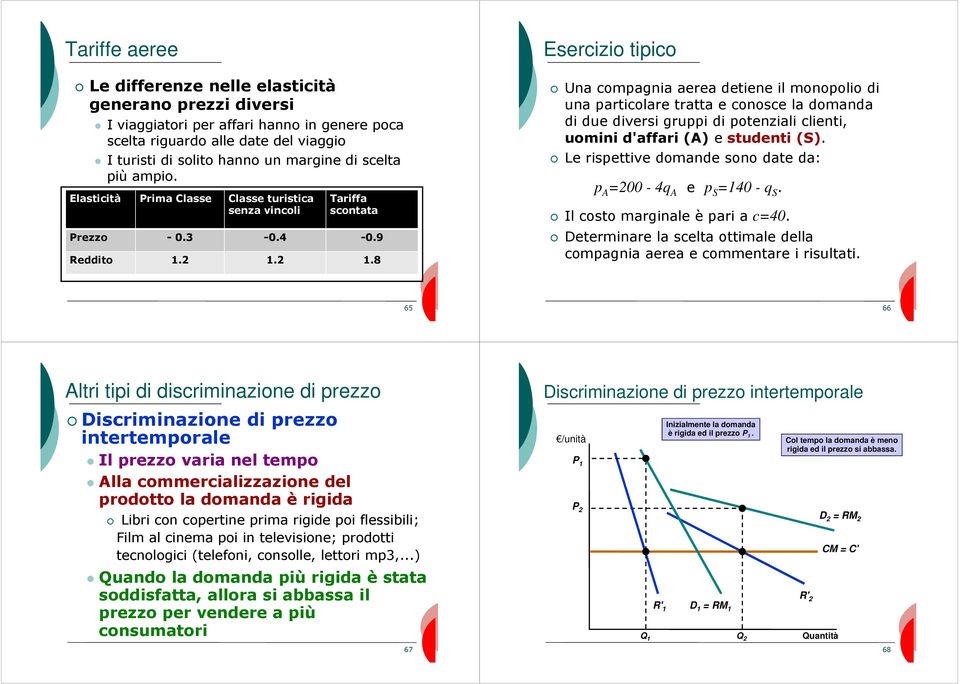2 1.8 Esercizio tipico Una compagnia aerea detiene il monopolio di una particolare tratta e conosce la domanda di due diversi gruppi di potenziali clienti, uomini d'affari (A) e studenti (S).