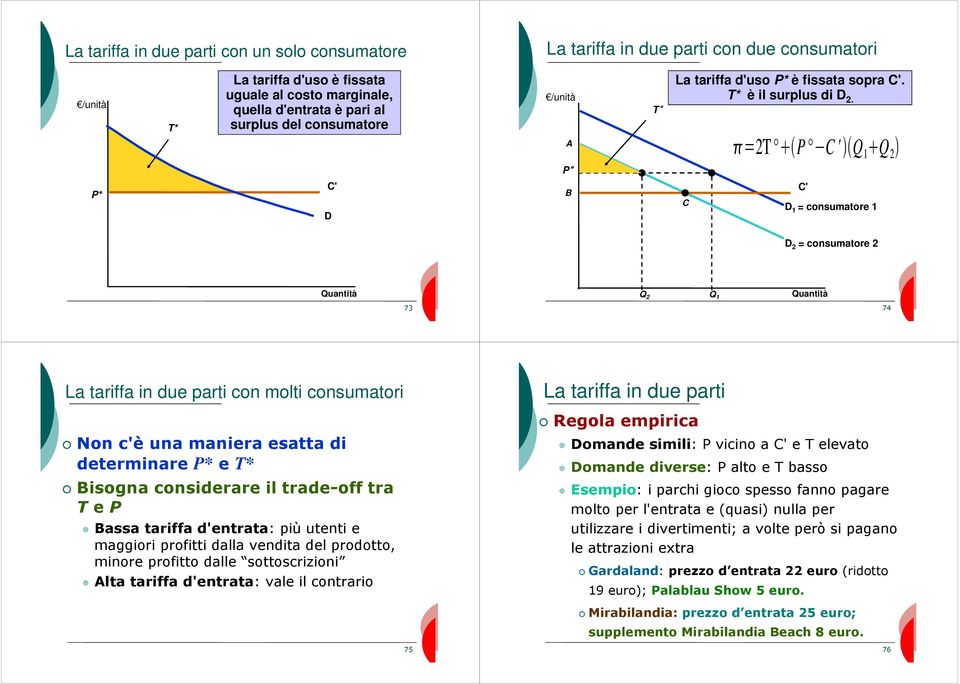 A 2T P C ' Q 1 Q 2 P P* D B C D 1 = consumatore 1 D 2 = consumatore 2 Q 2 Q 1 73 74 La tariffa in due parti con molti consumatori Non c'è una maniera esatta di determinare P* e T* Bisogna considerare