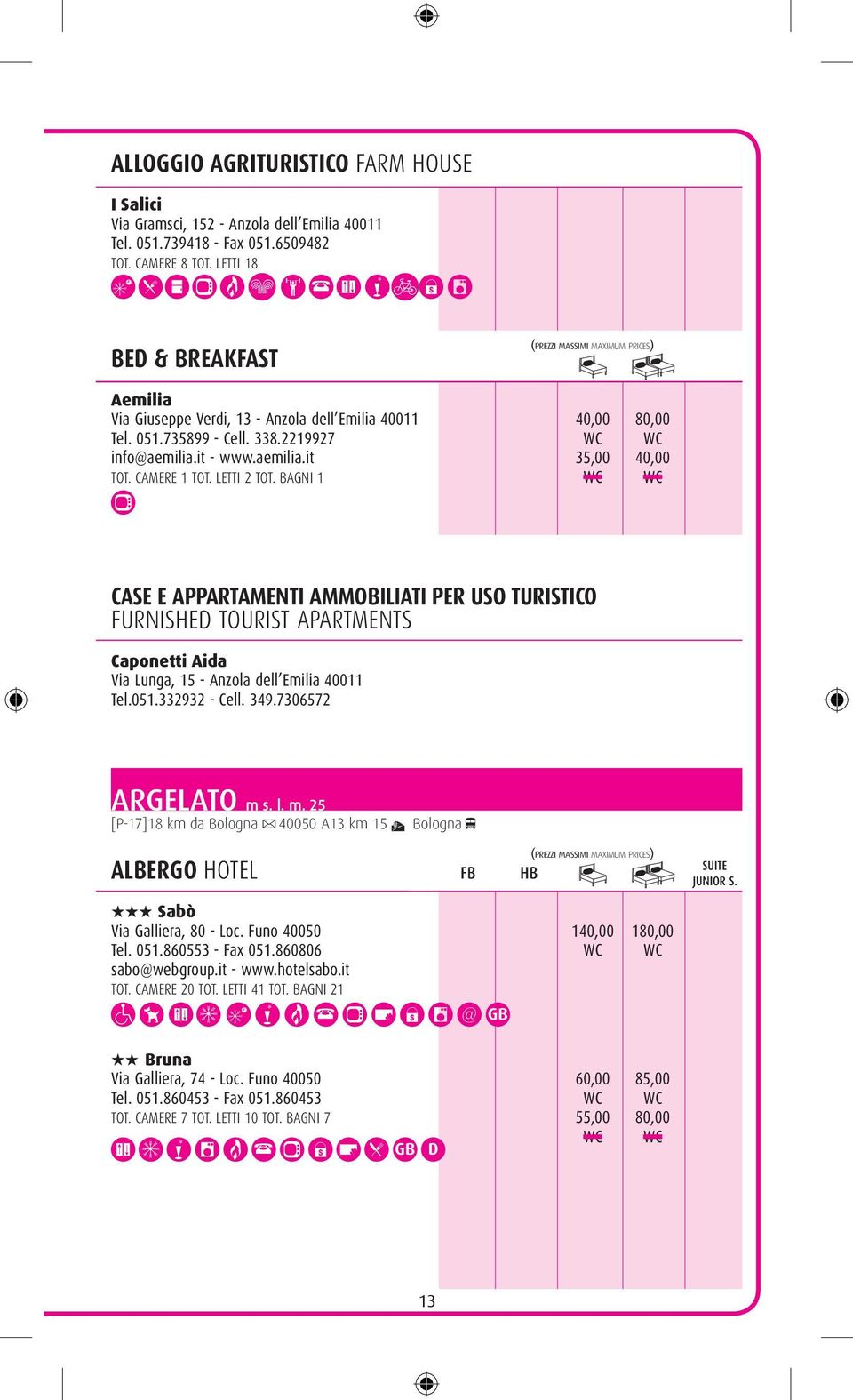 it - www.aemilia.it 35,00 40,00 CASE E APPartamenti ammobiliati PER uso turistico FURNISHED TOURIST APARTMENTS Caponetti Aida Via Lunga, 15 - Anzola dell Emilia 40011 Tel.051.332932 - Cell. 349.