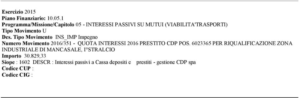Numero Movimento 2016/351 - QUOTA INTERESSI 2016 PRESTITO CDP POS.