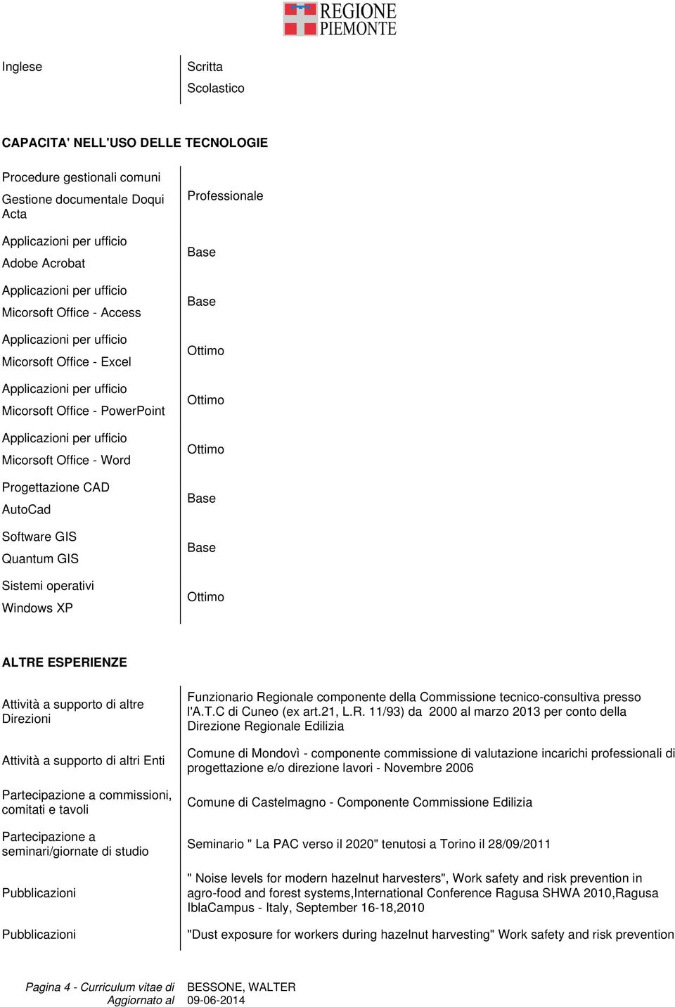 Attività a supporto di altri Enti Partecipazione a commissioni, comitati e tavoli Partecipazione a seminari/giornate di studio Funzionario Regionale componente della Commissione tecnico-consultiva