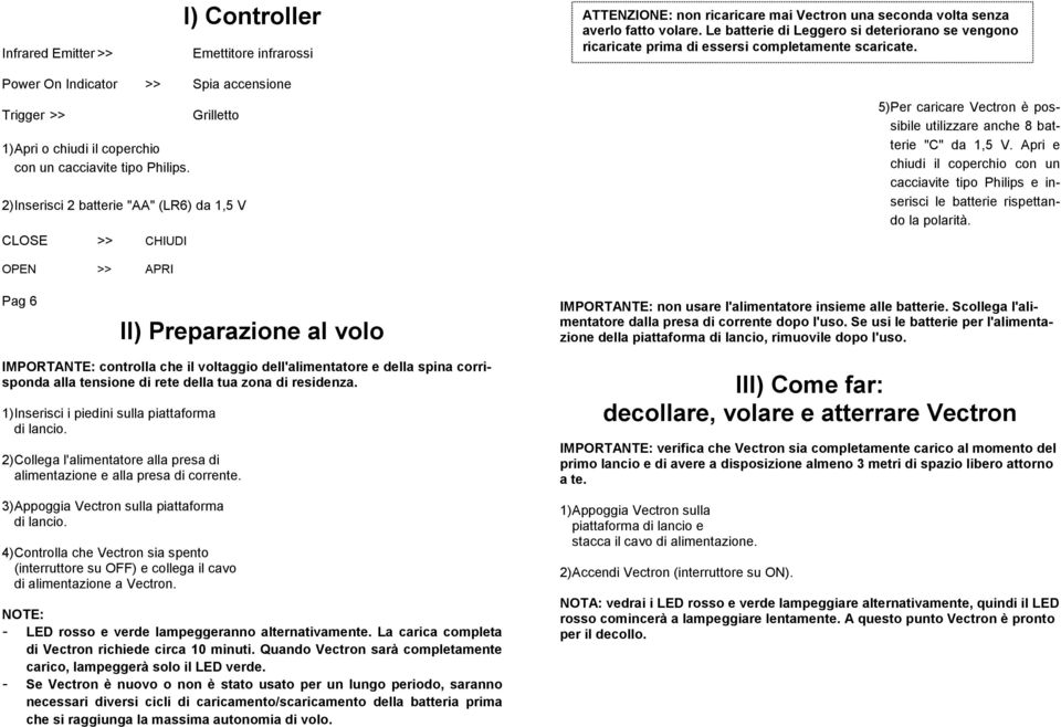 Le batterie di Leggero si deteriorano se vengono ricaricate prima di essersi completamente scaricate. 5) Per caricare Vectron è possibile utilizzare anche 8 batterie "C" da 1,5 V.