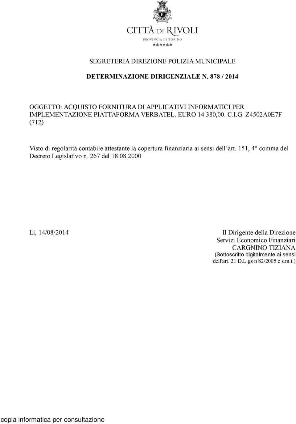 151, 4 comma del Decreto Legislativo n. 267 del 18.08.