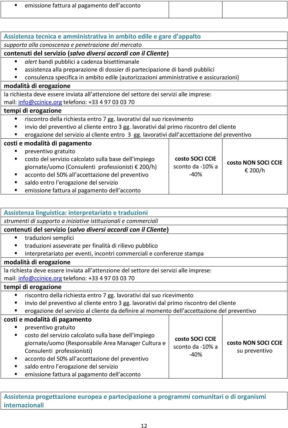 lavorativi dall accettazione del preventivo giornate/uomo (Consulenti professionisti 200/h) 200/h Assistenza linguistica: interpretariato e traduzioni strumenti di supporto a iniziative istituzionali