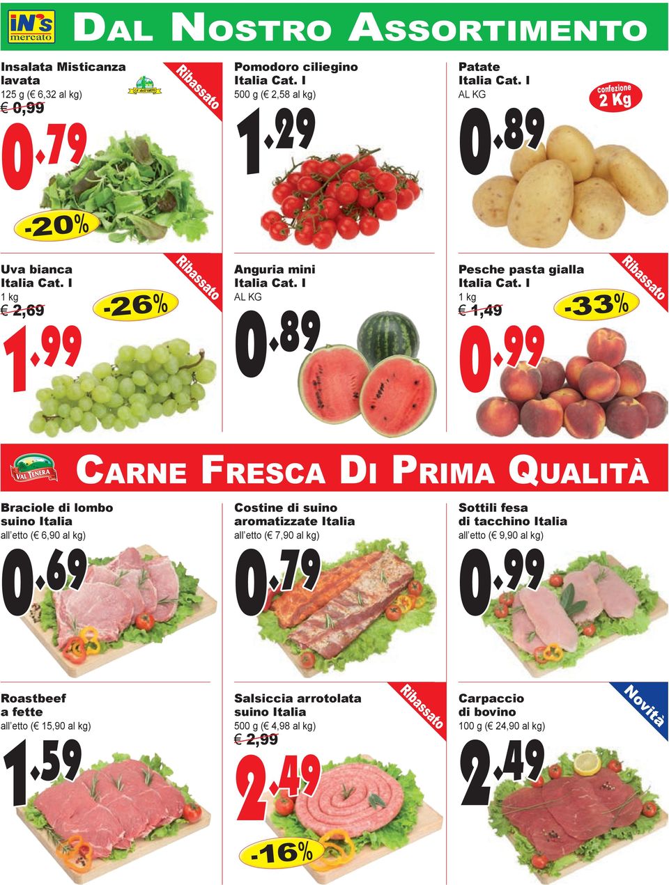 89 Pesche pasta gialla 1 kg 1,49-33% Braciole di lombo suino Italia all etto ( 6,90 al kg) Costine di suino aromatizzate Italia all etto (