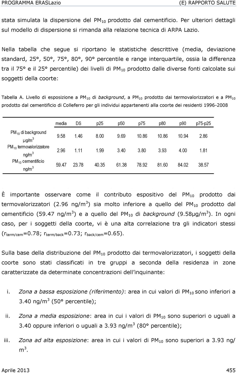 livelli di PM 10 prodotto dalle diverse fonti calcolate sui soggetti della coorte: Tabella A.
