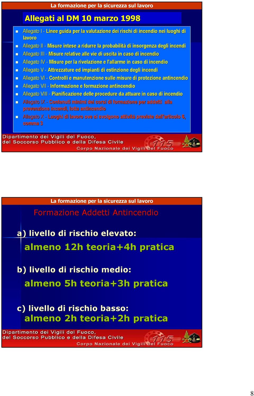 incendi Allegato VI - Controlli e manutenzione sulle misure di protezione antincendio Allegato VII - Informazione e formazione antincendio Allegato VIII - Pianificazione delle procedure da attuare in