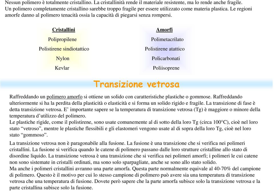 Cristallini Polipropilene Polistirene sindiotattico Nylon Kevlar Amorfi Polimetacrilato Polistirene atattico Policarbonati Poliisoprene Transizione vetrosa Raffreddando un polimero amorfo si ottiene