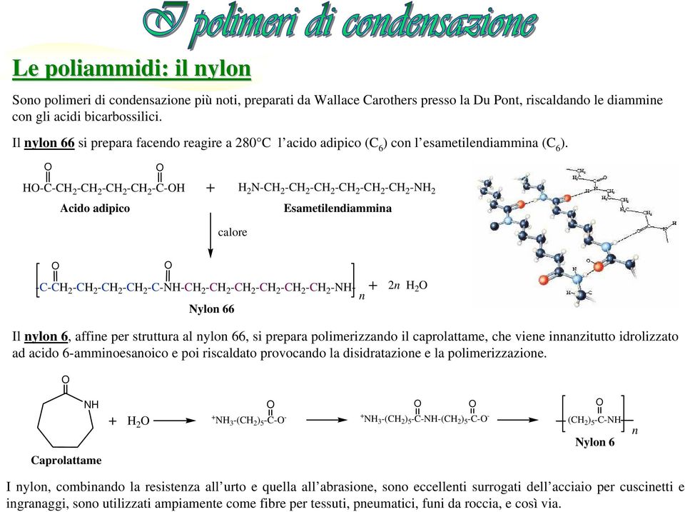 H-C-CH 2 -CH 2 -CH 2 -CH 2 -C-H Acido adipico H 2 N-CH 2 -CH 2 -CH 2 -CH 2 -CH 2 -CH 2 -NH 2 Esametilendiammina calore -C-CH 2 -CH 2 -CH 2 -CH 2 -C-NH-CH 2 -CH 2 -CH 2 -CH 2 -CH 2 -CH 2 -NHn Nylon 66