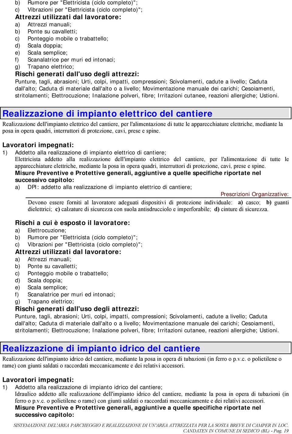 impatti, compressioni; Scivolamenti, cadute a livello; Caduta dall'alto; Caduta di materiale dall'alto o a livello; Movimentazione manuale dei carichi; Cesoiamenti, stritolamenti; Elettrocuzione;