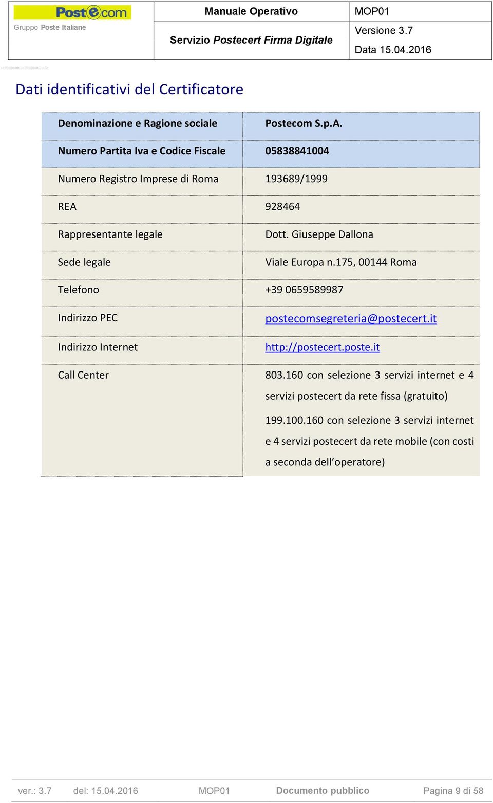 Giuseppe Dallona Viale Europa n.175, 00144 Roma Telefono +39 0659589987 Indirizzo PEC Indirizzo Internet postecomsegreteria@postecert.it http://postecert.poste.it Call Center 803.