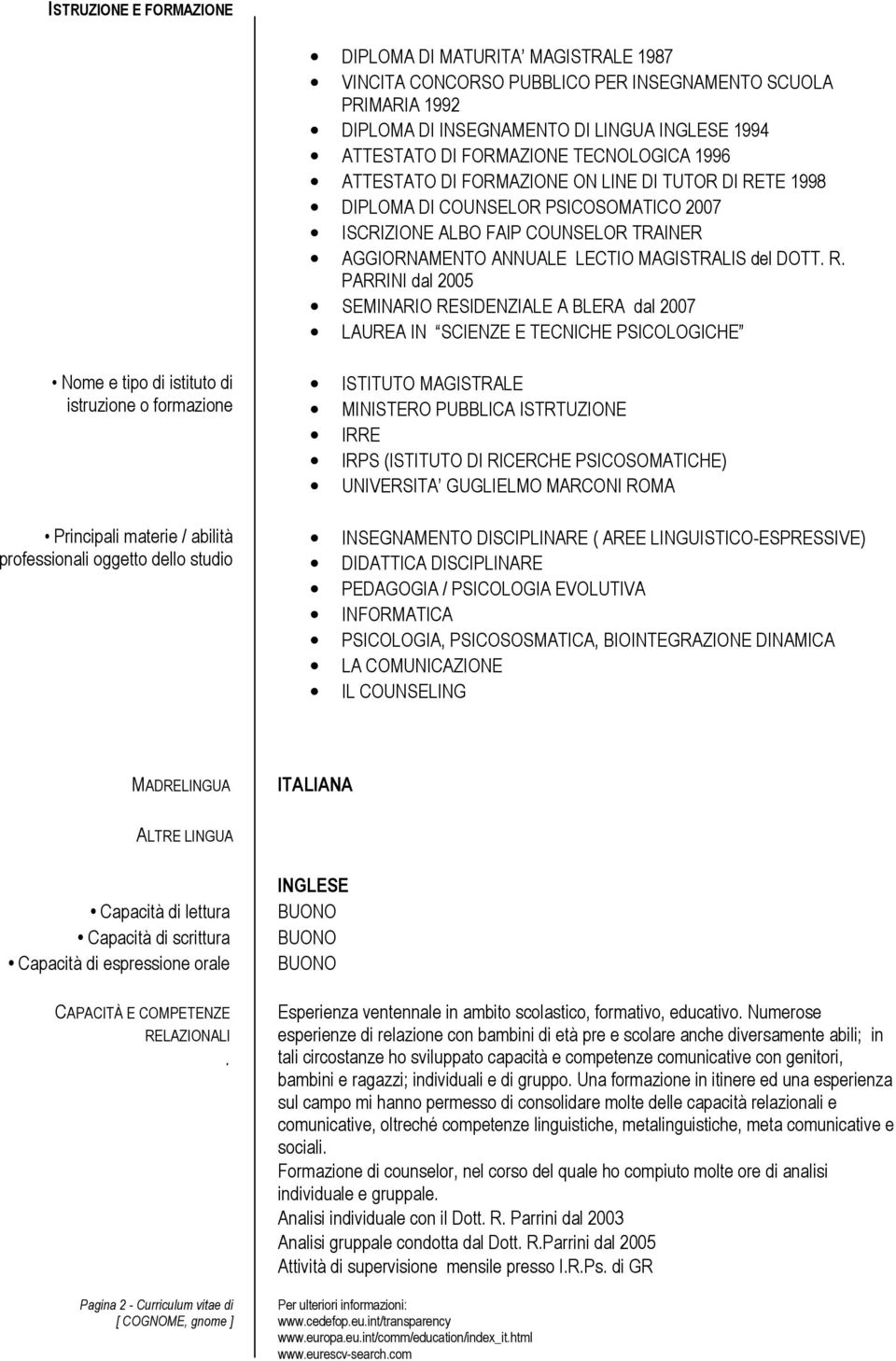 R. PARRINI dal 2005 SEMINARIO RESIDENZIALE A BLERA dal 2007 LAUREA IN SCIENZE E TECNICHE PSICOLOGICHE Nme e tip di istitut di istruzine frmazine Principali materie / abilità prfessinali ggett dell