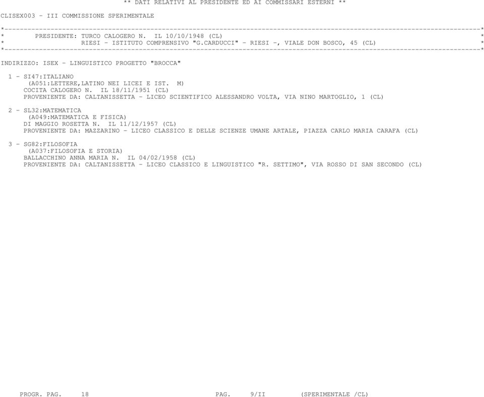 IL 18/11/1951 (CL) PROVENIENTE DA: CALTANISSETTA - LICEO SCIENTIFICO ALESSANDRO VOLTA, VIA NINO MARTOGLIO, 1 (CL) 2 - SL32:MATEMATICA (A049:MATEMATICA E FISICA) DI MAGGIO ROSETTA N.