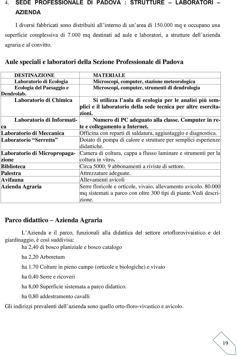 Aule speciali e laboratori della Sezione Professionale di Padova DESTINAZIONE Laboratorio di Ecologia Ecologia del Paesaggio e Dendrolab.