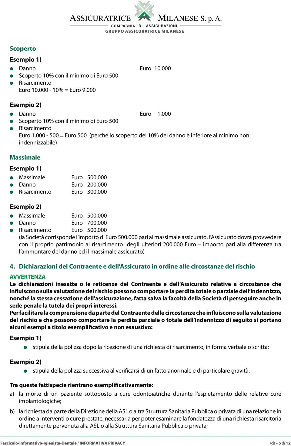 000-500 = Euro 500 (perché lo scoperto del 10% del danno è inferiore al minimo non indennizzabile) Massimale Esempio 1) Massimale Euro 500.000 Danno Euro 200.000 Risarcimento Euro 300.