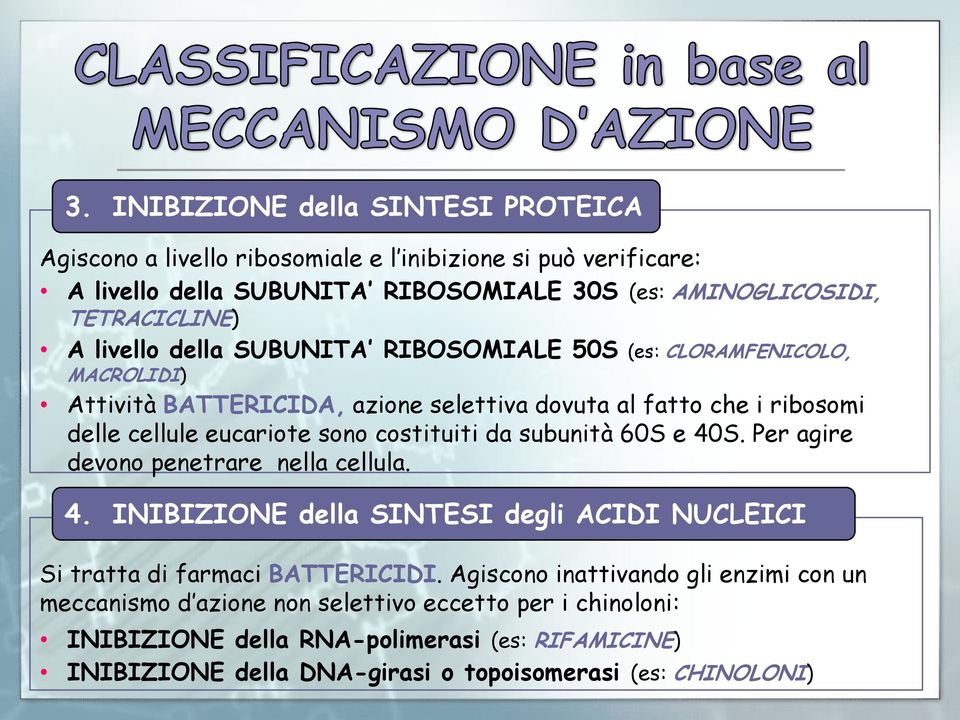 costituiti da subunità 60S e 40S. Per agire devono penetrare nella cellula. 4. INIBIZIONE della SINTESI degli ACIDI NUCLEICI Si tratta di farmaci BATTERICIDI.