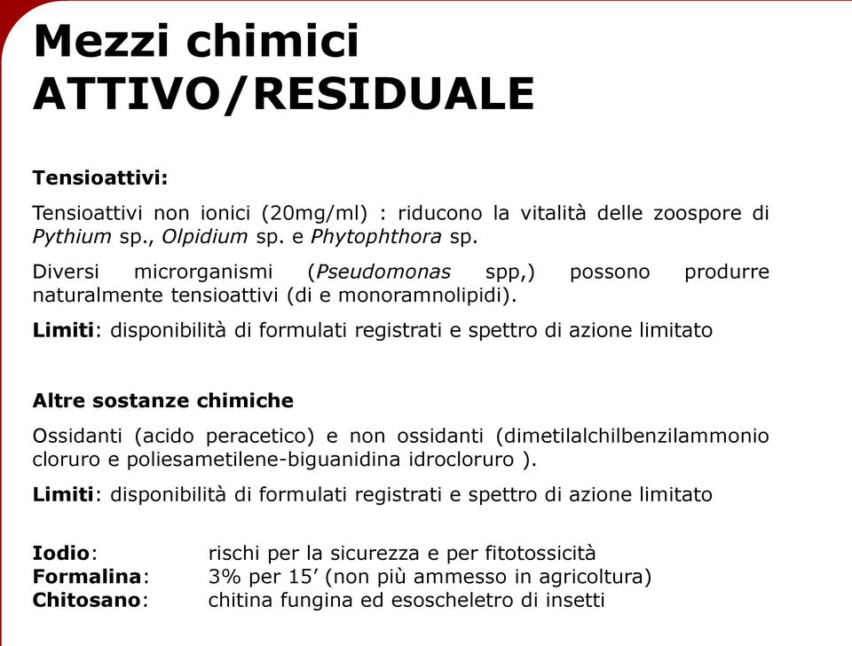 Limiti: disponibilità di formulati registrati e spettro di azione limitato Altre sostanze chimiche Ossidanti (acido peracetico) e non ossidanti (dimetilalchilbenzilammonio cloruro e