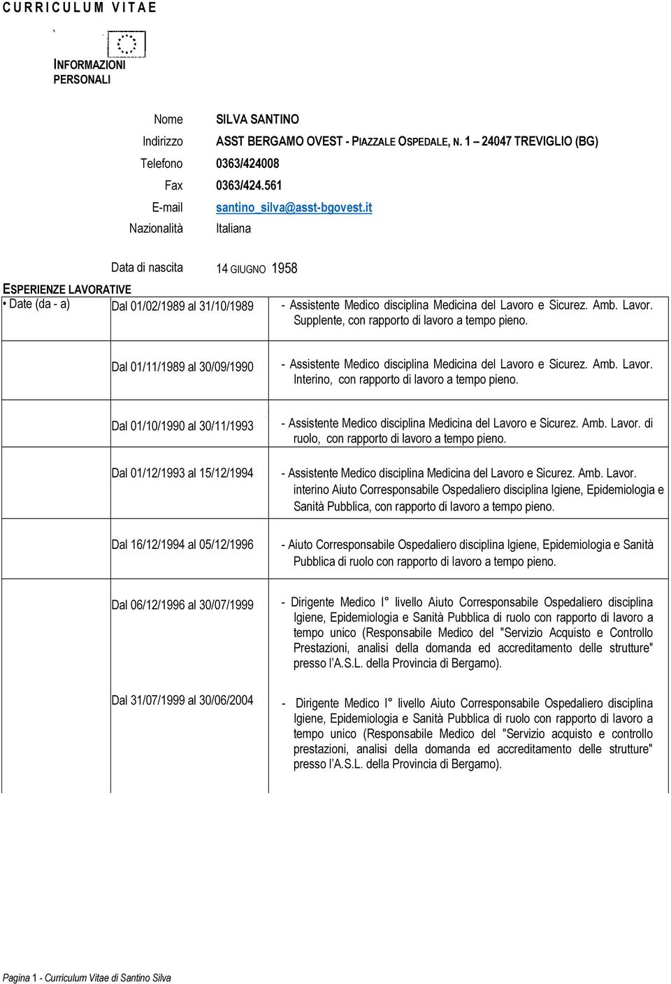 it Nazionalità Italiana Data di nascita 14 GIUGNO 1958 ESPERIENZE LAVORATIVE Date (da - a) Dal 01/02/1989 al 31/10/1989 - Assistente Medico disciplina Medicina del Lavoro