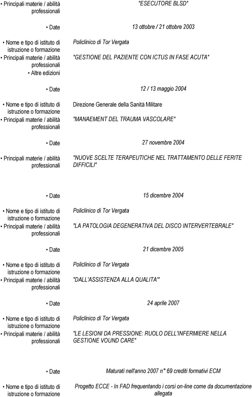 PATOLOGIA DEGENERATIVA DEL DISCO INTERVERTEBRALE" Date 21 dicembre 2005 Policlinico di Tor Vergata "DALL'ASSISTENZA ALLA QUALITA'" Date 24 aprile 2007 Policlinico di Tor Vergata "LE LESIONI DA