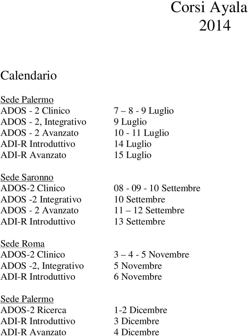 ADOS-2 Ricerca ADI-R Avanzato 7 8-9 Luglio 9 Luglio 10-11 Luglio 14 Luglio 15 Luglio 08-09 - 10 Settembre