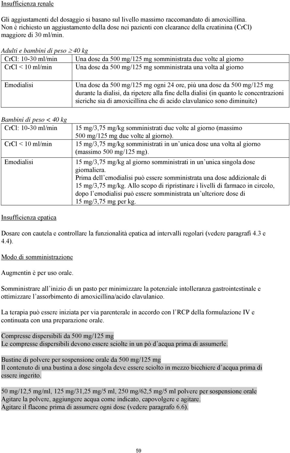 Adulti e bambini di peso 40 kg CrCl: 10-30 ml/min Una dose da 500 mg/125 mg somministrata due volte al giorno CrCl < 10 ml/min Una dose da 500 mg/125 mg somministrata una volta al giorno Emodialisi