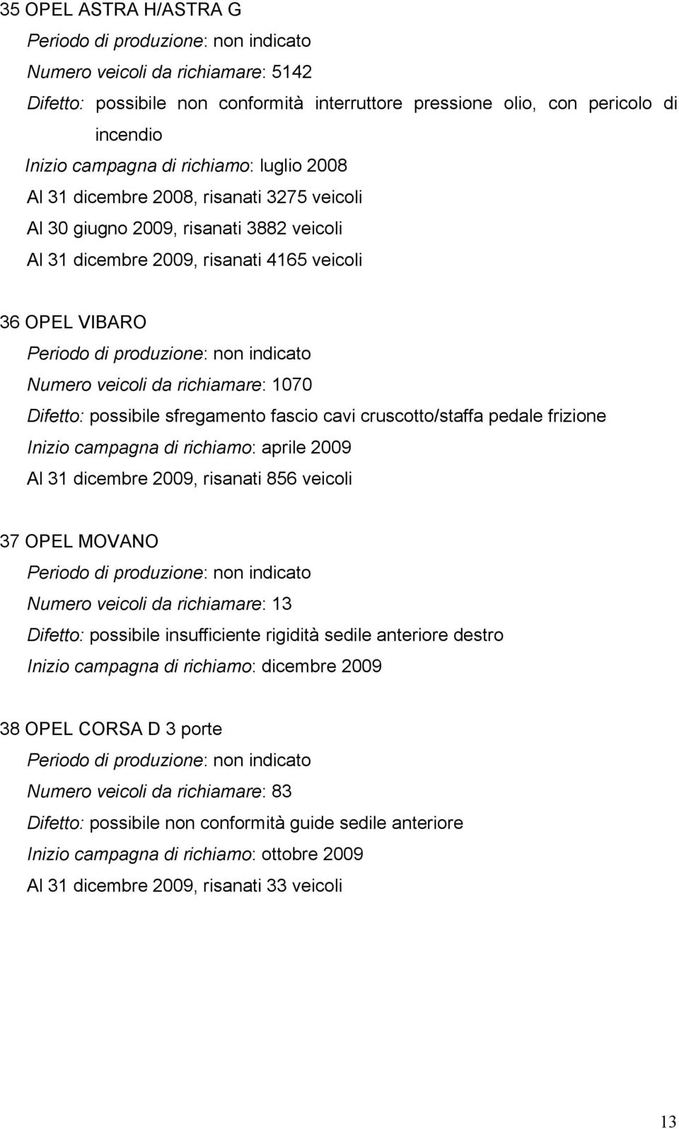 indicato Numero veicoli da richiamare: 1070 Difetto: possibile sfregamento fascio cavi cruscotto/staffa pedale frizione Inizio campagna di richiamo: aprile 2009 Al 31 dicembre 2009, risanati 856