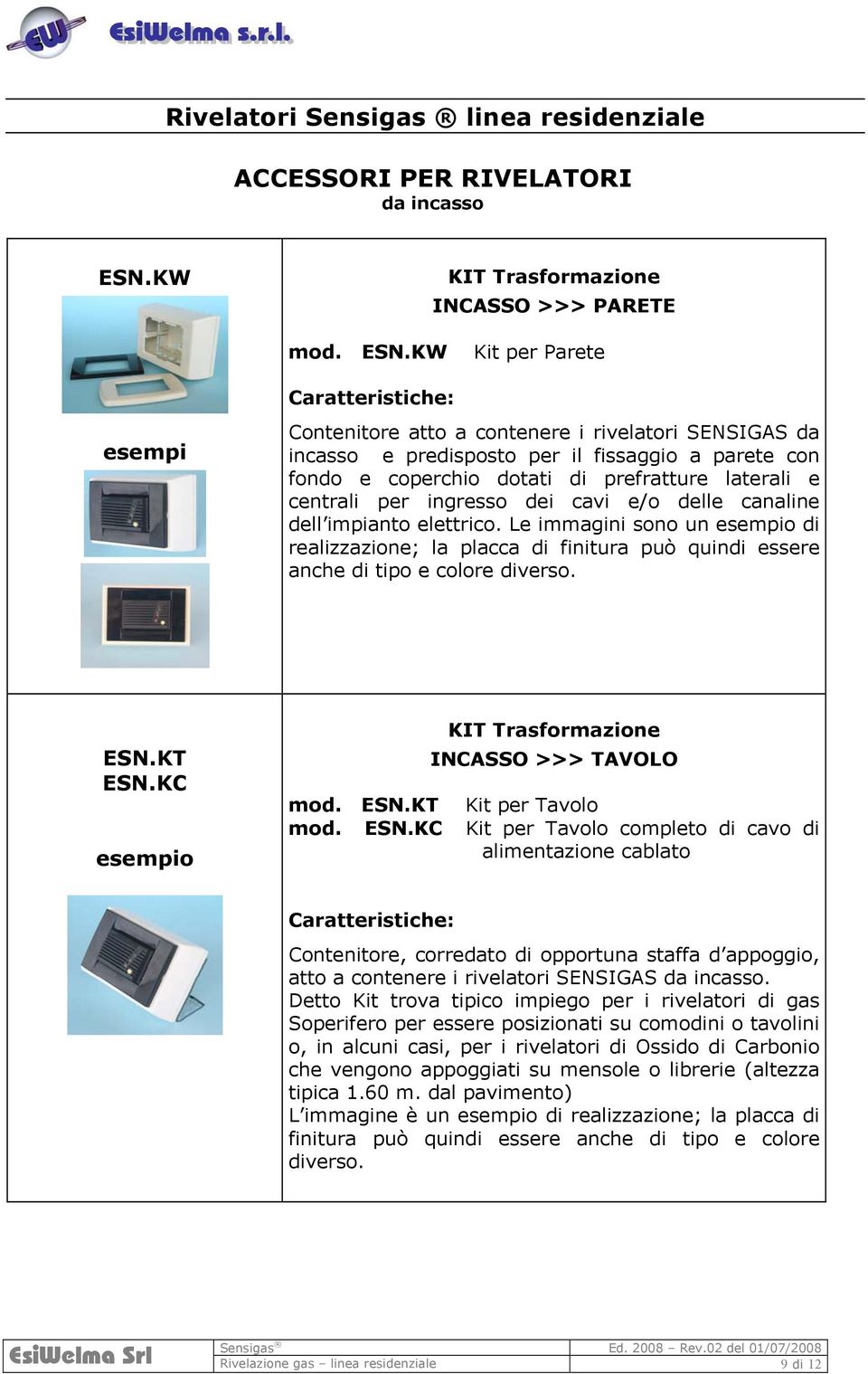 KW Kit per Parete esempi Caratteristiche: Contenitore atto a contenere i rivelatori SENSIGAS da incasso e predisposto per il fissaggio a parete con fondo e coperchio dotati di prefratture laterali e