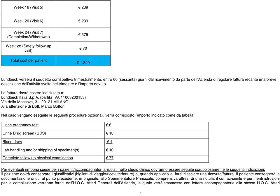 nel trimestre e l importo dovuto. La fattura dovrà essere indirizzata a: Lundbeck Italia S.p.A. (partita IVA 11008200153) Via della Moscova, 3 20121 MILANO Alla attenzione di Dott.