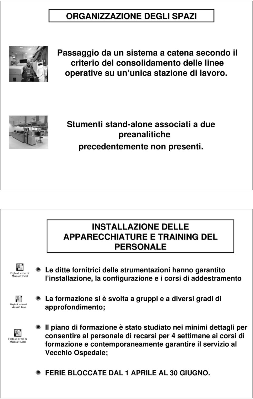 INSTALLAZIONE DELLE APPARECCHIATURE E TRAINING DEL PERSONALE Foglio di lavoro di Microsoft Excel Le ditte fornitrici delle strumentazioni hanno garantito l installazione, la configurazione e i corsi