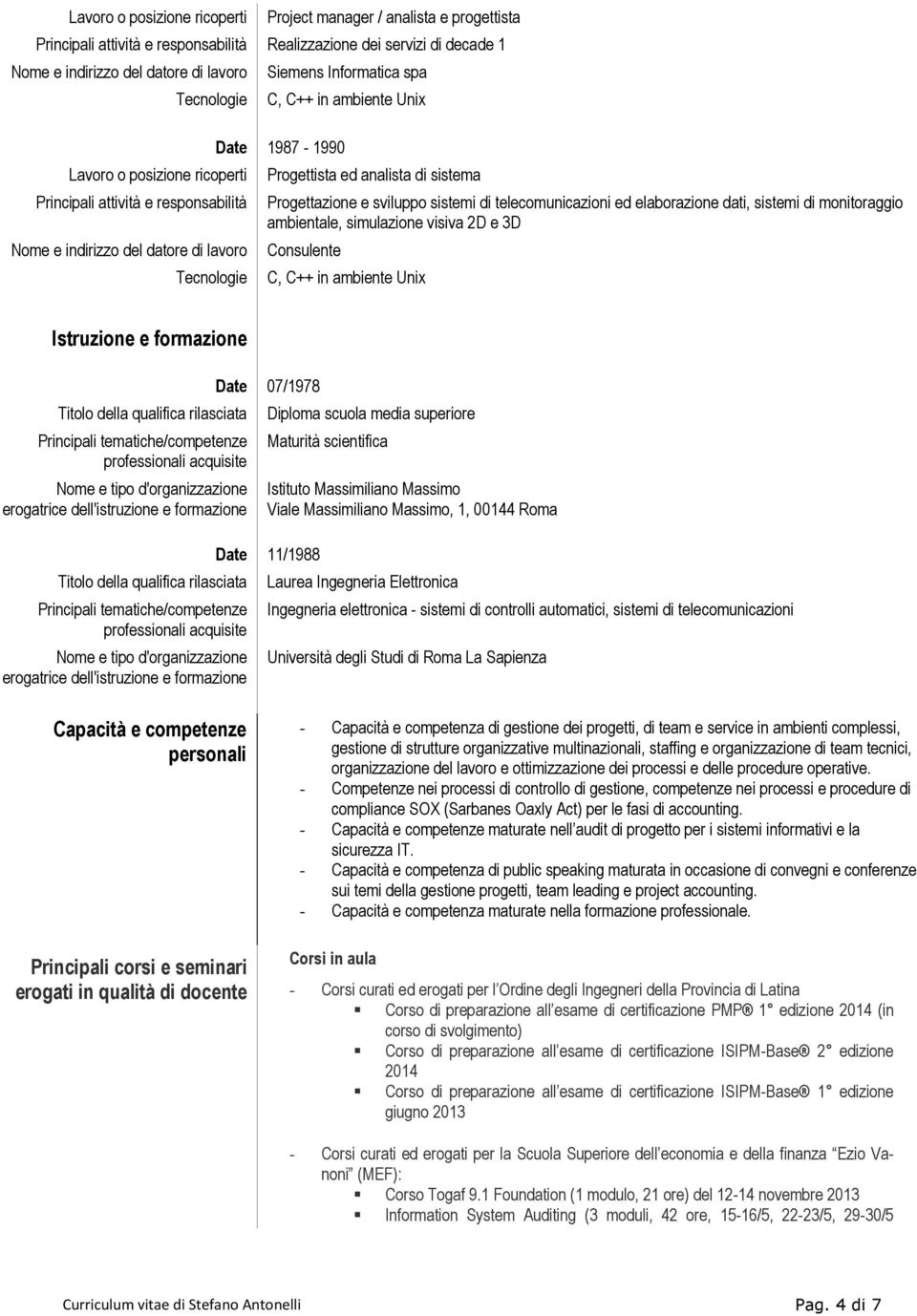 tematiche/competenze professionali acquisite Nome e tipo d'organizzazione erogatrice dell'istruzione e formazione Titolo della qualifica rilasciata Principali tematiche/competenze professionali