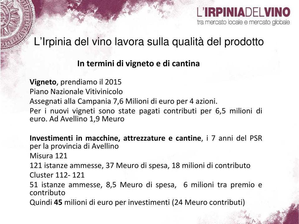 Ad Avellino 1,9 Meuro Investimenti in macchine, attrezzature e cantine, i 7 anni del PSR per la provincia di Avellino Misura 121 121 istanze ammesse, 37