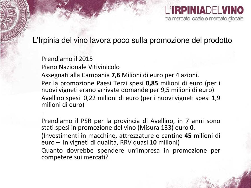 nuovi vigneti spesi 1,9 milioni di euro) Prendiamo il PSR per la provincia di Avellino, in 7 anni sono stati spesi in promozione del vino (Misura 133) euro 0.