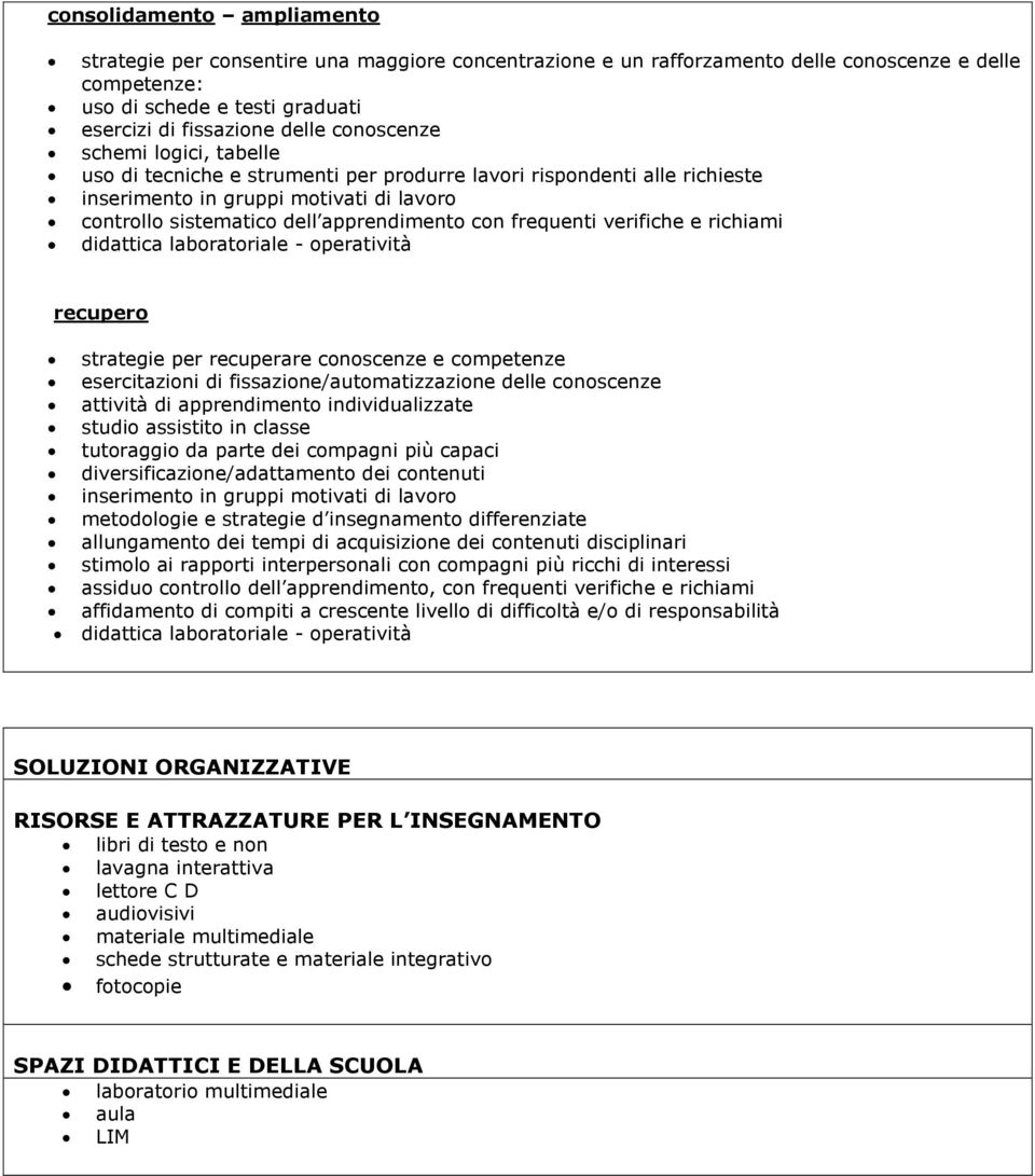 frequenti verifiche e richiami didattica laboratoriale - operatività recupero strategie per recuperare conoscenze e competenze esercitazioni di fissazione/automatizzazione delle conoscenze attività