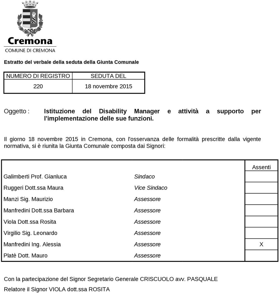 Il giorno 18 novembre 2015 in Cremona, con l'osservanza delle formalità prescritte dalla vigente normativa, si è riunita la Giunta Comunale composta dai Signori: Galimberti Prof.