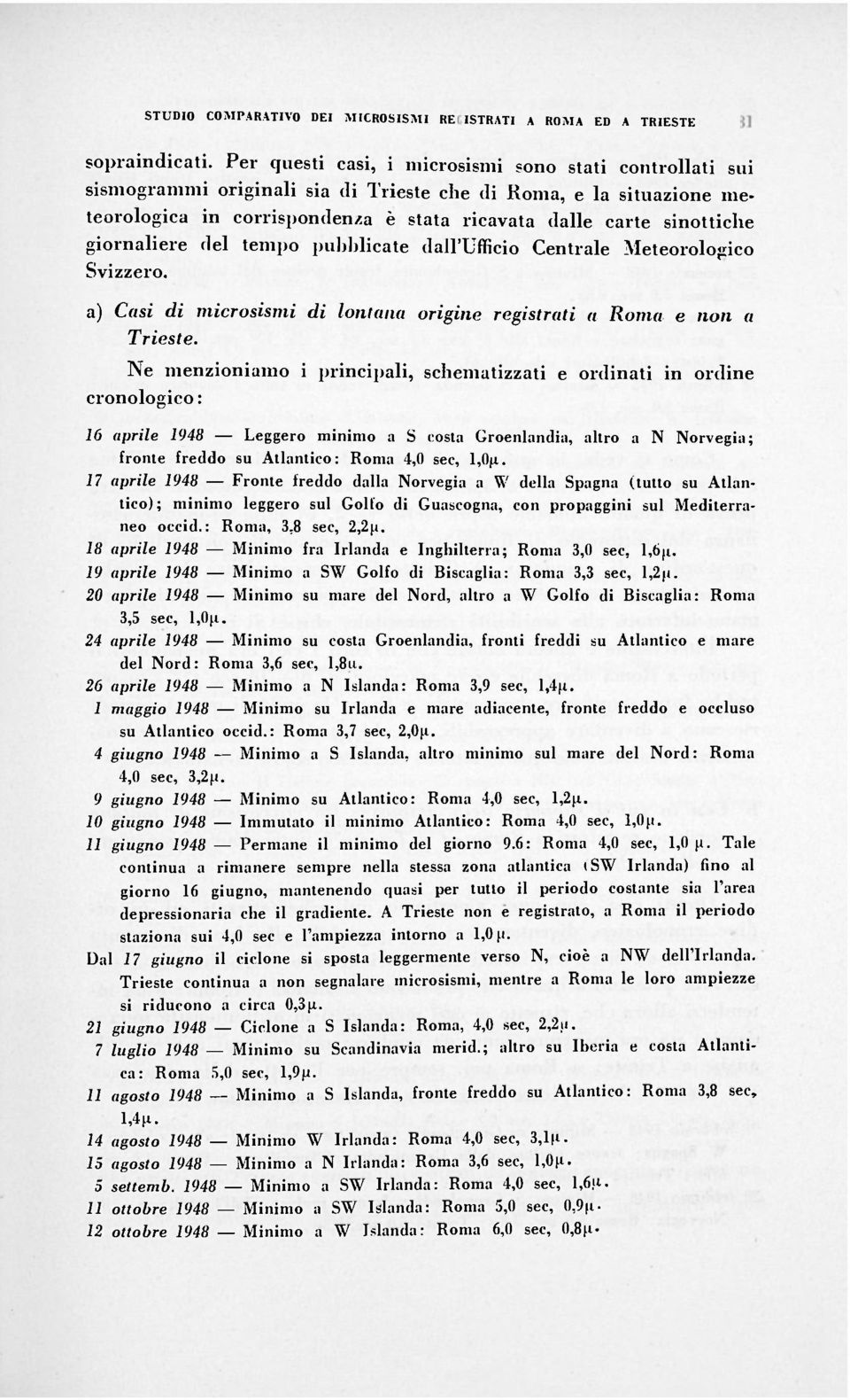 giornaliere del tempo pubblicate dall'ufficio Centrale Meteorologico Svizzero. a) Casi di microsismi di lontana origine registrati a Roma e non a Trieste.