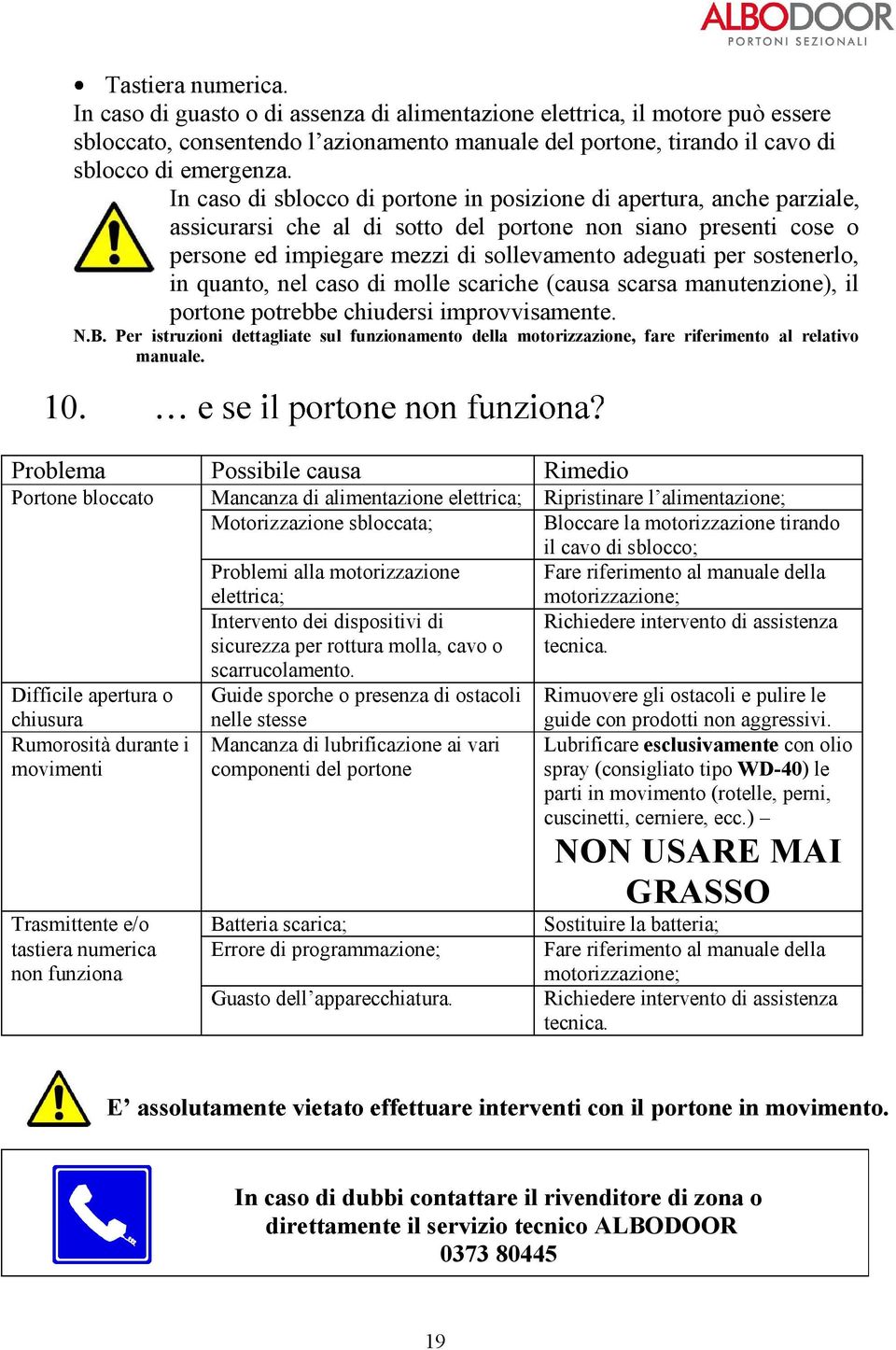 sostenerlo, in quanto, nel caso di molle scariche (causa scarsa manutenzione), il portone potrebbe chiudersi improvvisamente. N.B.