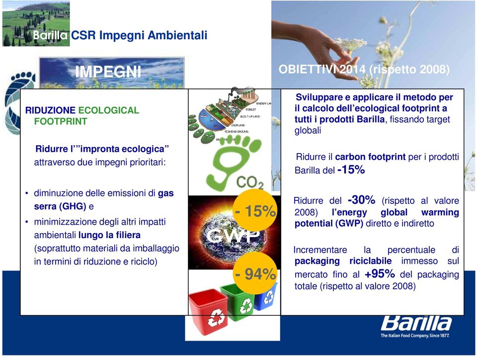 e minimizzazione degli altri impatti ambientali lungo la filiera (soprattutto materiali da imballaggio in termini di riduzione e riciclo) Data aggiornamento - 15% GWP - 94% Ridurre del -30% (rispetto