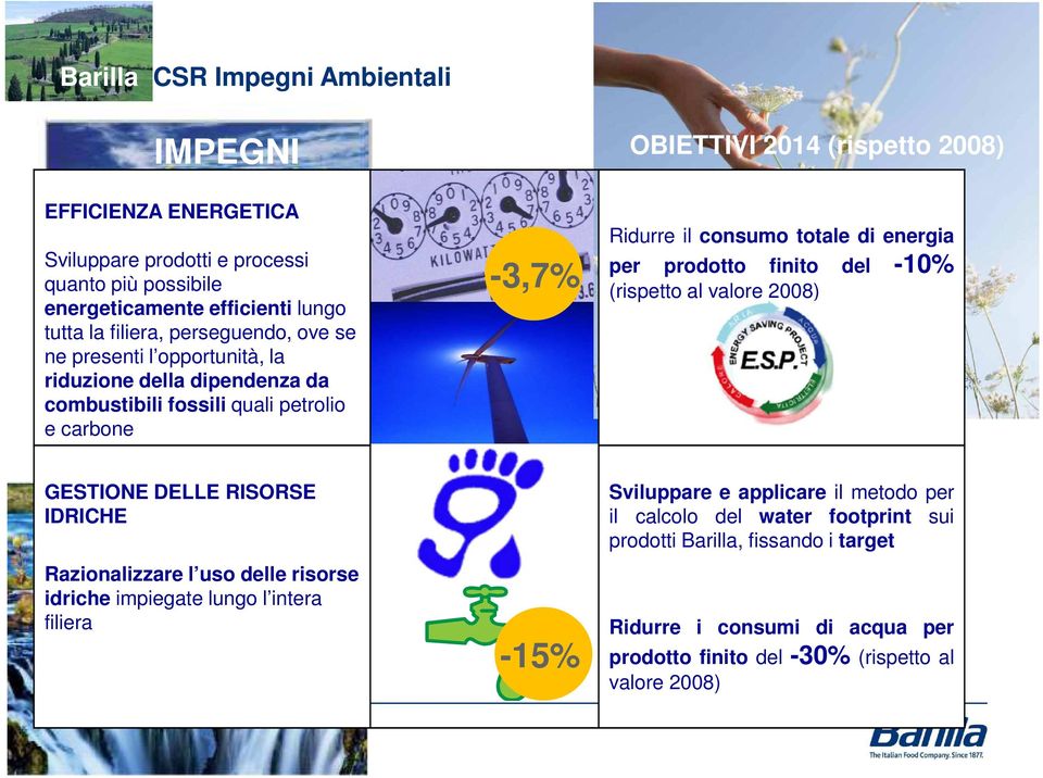 energia per prodotto finito del -10% (rispetto al valore 2008) GESTIONE DELLE RISORSE IDRICHE Razionalizzare l uso delle risorse idriche impiegate lungo l intera filiera -15%